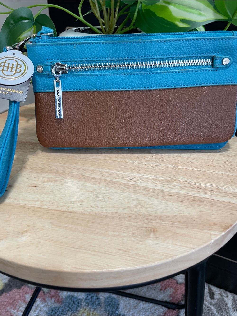 Dana Buchman Teal and Brown Leather Colorblock Wristlet
